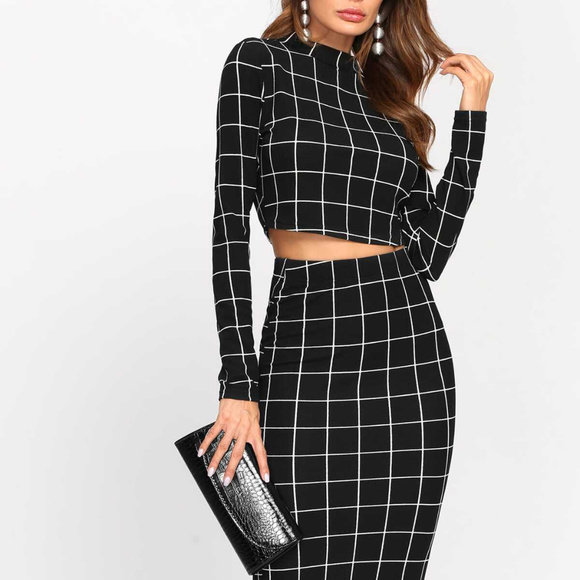 Monarch Fashion Dresses & Skirts - Crop Long Sleeve 2 Piece Plaid Skirt set